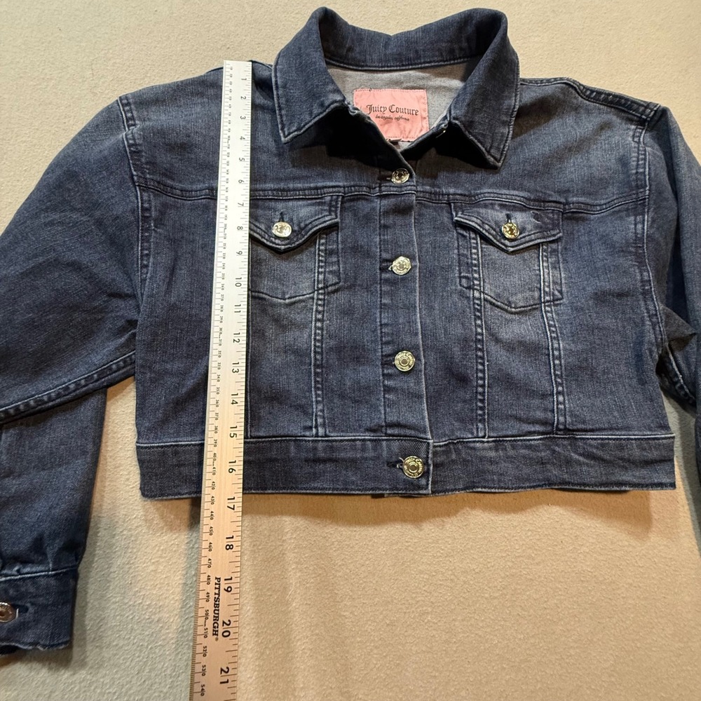 Juicy Couture Y2K Cropped Dark Wash Denim Blue Jean Jacket Women‎ Size L - Picture 4 of 12